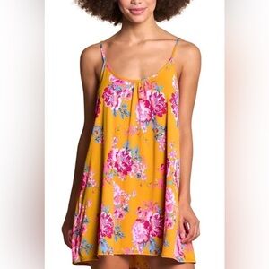 Anthropologie MAAJI Yellow/Pink Floral Spaghetti Strap Swing Mini Dress.